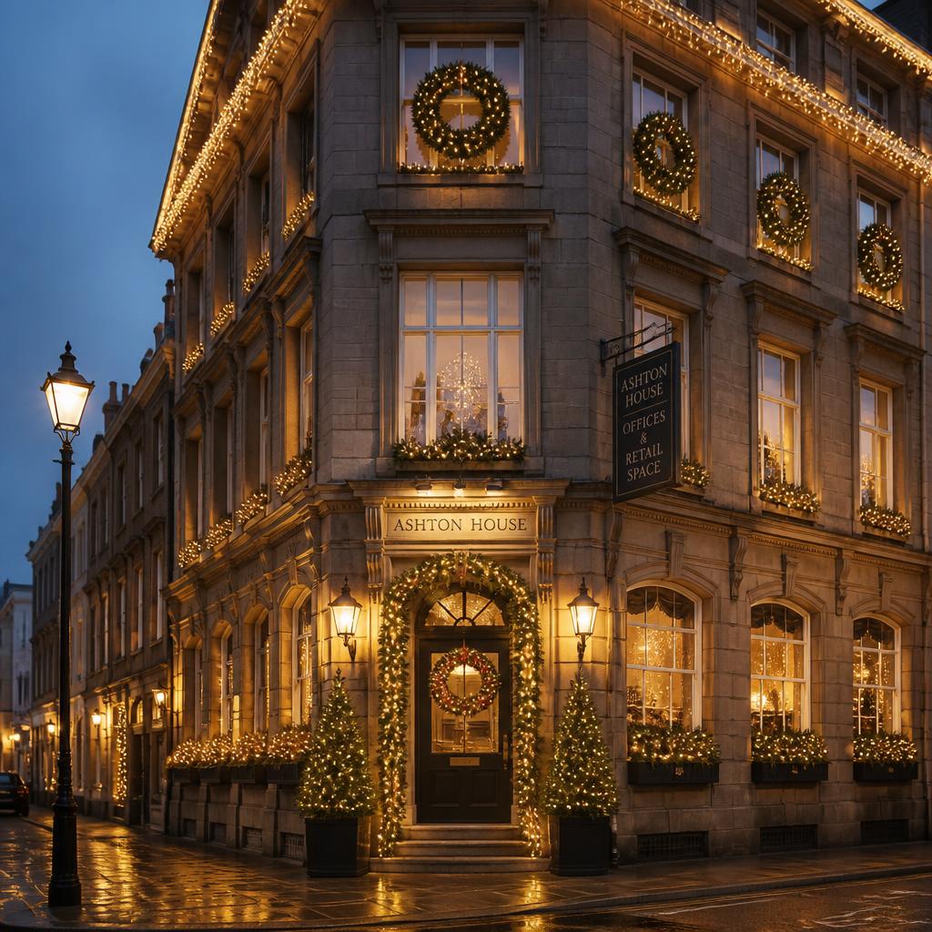 Commercial building decorated with festive lighting