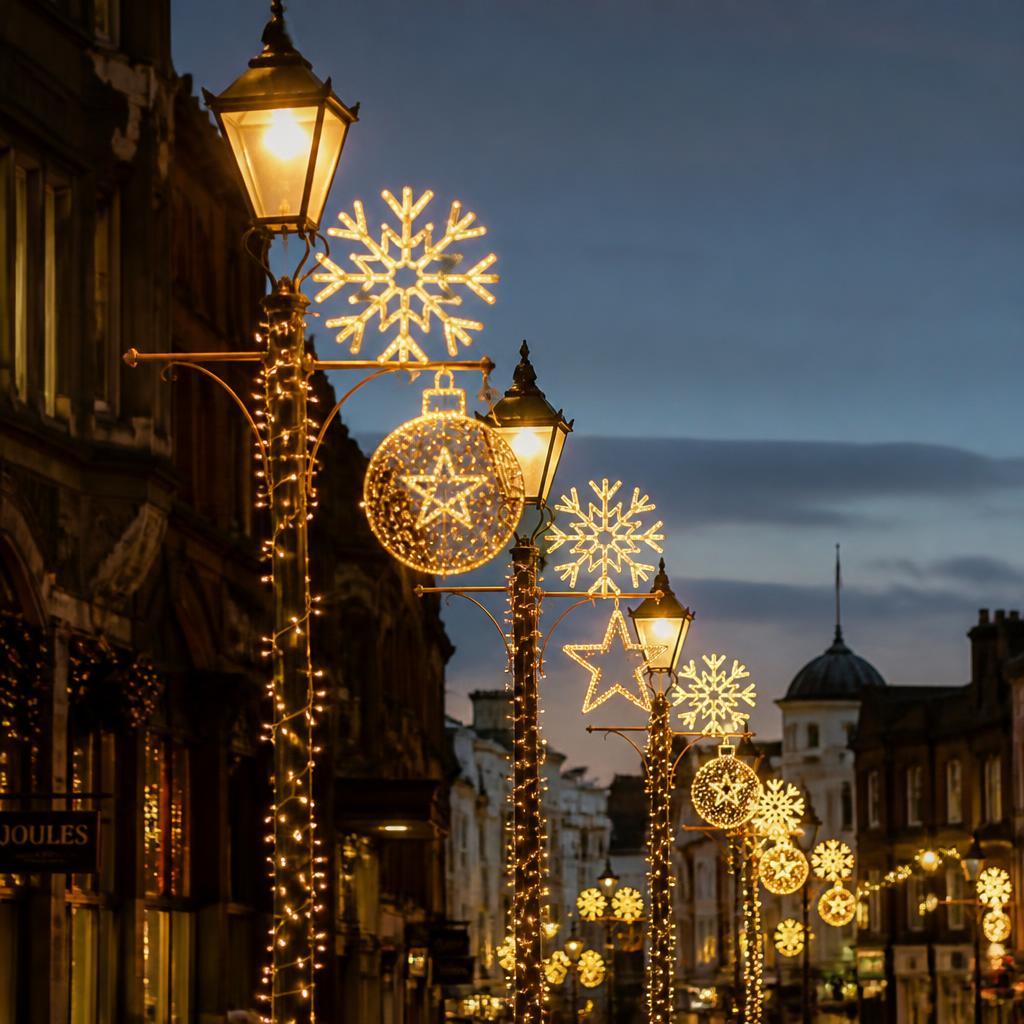 Victorian lampposts with illuminated Christmas motifs