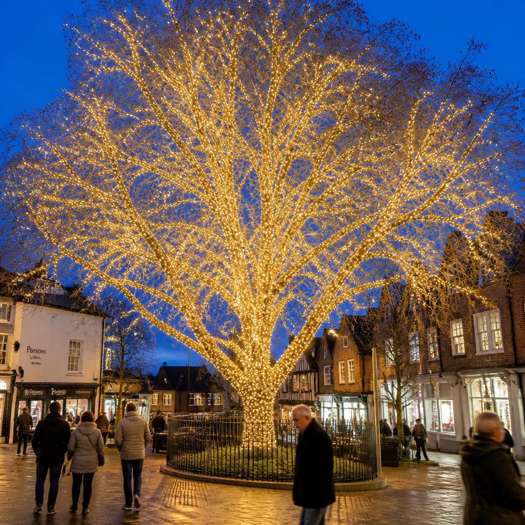 Town square tree wrapped in warm white Christmas lights