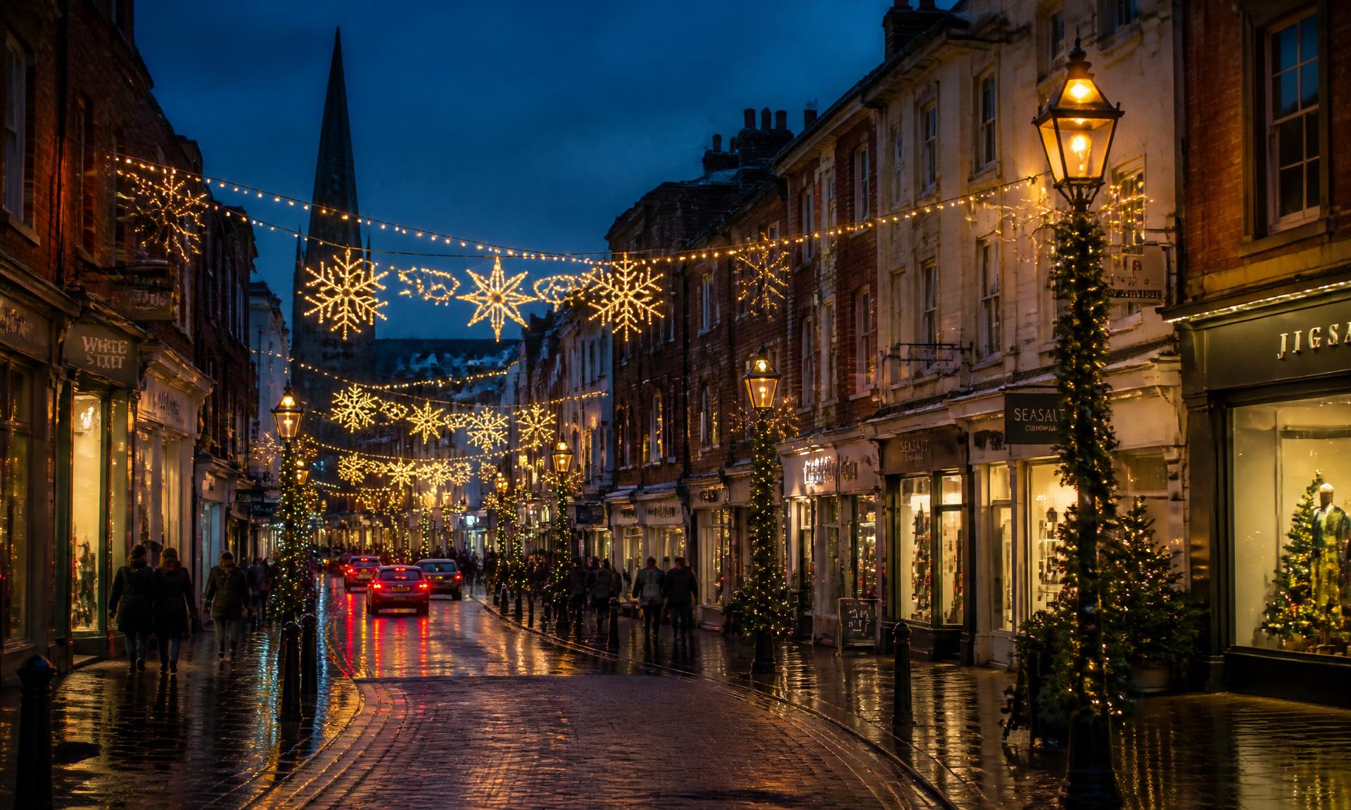 High street professionally decorated with warm white Christmas lights at dusk